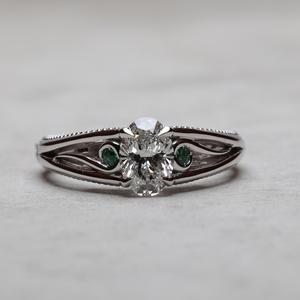 10x8mm Oval Cut <b>Moissanite</b> Vintage Engagement <b>Ring</b> with Green Side Stones | White Gold Bridal Jewelry - Product Image 1