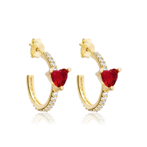 Ruby <b>Heart</b> Shape CZ Stone Hoop <b>Earring</b> Wholesale 925 Sterling Silver Women Jewelry - Product Image 1