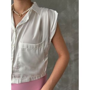 Topshow <b>Cream</b> Sleeveless Satin <b>Crop</b> <b>Top</b> Wholesale Shirt - <b>CREAM</b> - Product Image 2