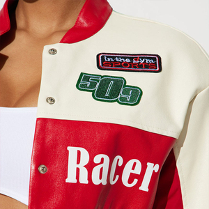 OEM Custom Hip Hop Racing Motorcycle Jacket for Women PU Leather With Red Embroidered Patch Cropped Leather Jacket for Ladies - Product Image 2