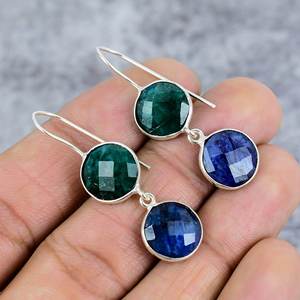 925 Sterling Silver Bohemian Statement <b>Earrings</b> <b>Emerald</b> & Lapis Round Gemstone Wire <b>Earrings</b> Trendy Women's Party Gift - Product Image 1