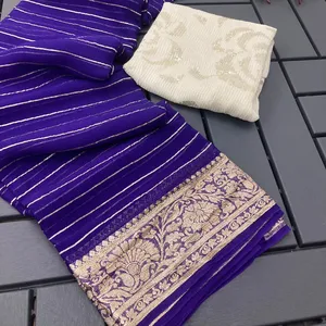 Arrivi netti sari in Georgette di pura viscosa con bordo Jacquard sari con camicetta ricamata in viscosa