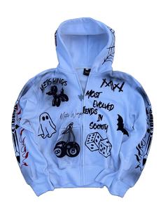 Sweat à capuche surdimensionné pour homme, imprimé en relief, effet délavé, en molleton 100% coton épais, avec fermeture éclair ornée de strass de haute qualité - Product Image 3