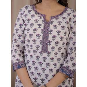 Hand <b>Block</b> <b>Printed</b> White Grey Cotton Kurta Pant Set Ethnic Pakistani-Indian Style Net Fabric for Special Occasions Parties - Product Image 2
