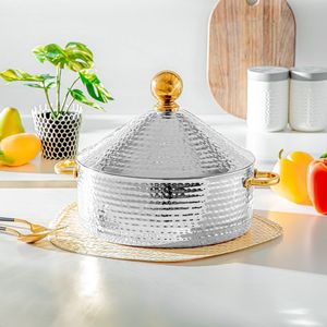 Réchaud rond en acier inoxydable au design martelé avec bouton et poignée en or pour plat de décoration de mariage et de fête - Product Image 1