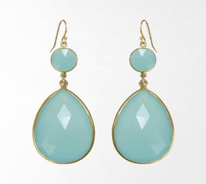 Pendiente de gancho de Calcedonia de agua natural 925 Plata de Ley 18K Pendiente chapado en oro para mujeres y niñas - Product Image 2