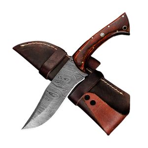 Cuchillo de caza hecho a mano de acero de Damasco con mango de madera y Funda de cuero. - Product Image 1