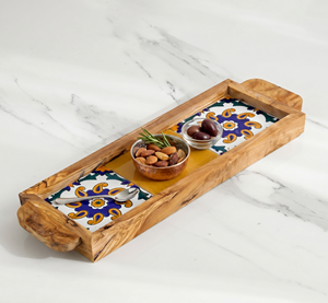 Plateau de service carré en céramique moderne avec plateau ottoman en bois d'olivier pour une décoration élégante de table basse - Product Image 3