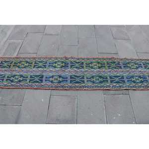 1.8x10.7 ft Turkish <b>Runner</b> Rug, Blue <b>Green</b> Vintage Check Wool Rug - Product Image 4