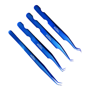 Pinzas de pestañas de acero inoxidable de calidad superior de 4 piezas Pinzas de extensión de pestañas con logotipo personalizado en hermoso color azul - Product Image 3