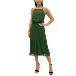 Robe plissée trapèze verte Sam Edelman pour femme, col licou, motif rayé, taille 6, idéale pour les soirées - Product Image 1