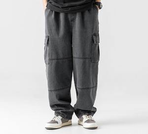 Jeans pour hommes grande taille de haute qualité, cordon de serrage, taille mi-haute, lavage à l'acide, ample, logo personnalisé, denim droit, pantalon cargo évasé - Product Image 3