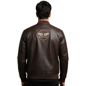 Blouson aviateur en cuir unisexe marron foncé avec broderie personnalisée, col rabattu, toile enduite, respirant et coupe-vent de qualité supérieure - Product Image 2