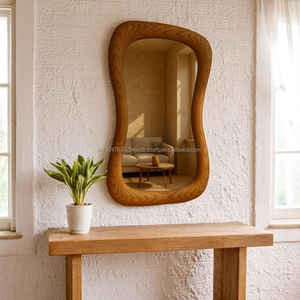 Miroir mural KALATRI de style antique, fait main, écologique, léger, design ondulé irrégulier, cadre en bois de noyer véritable, art - Product Image 2