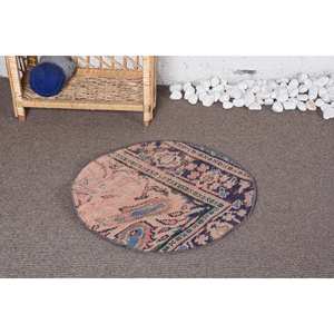 Alfombra de retazos de lana Vintage de 2x2 pies, alfombra de felpa rectangular rosa y negra clásica hecha a mano para sala de estar con respaldo de látex - Product Image 1