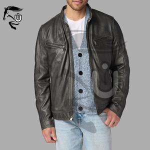 Chaqueta de Cuero Negra Clásica para Hombre |   Chaqueta de Cuero Vacuno Genuino con Cuello Alto, Cortavientos, Transpirable, Ajustada, con Cremallera, Informal, de Invierno, Estilo Urbano - Product Image 1