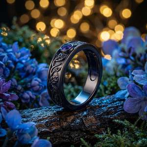 Anillo de boda gótico negro para hombre Jeulia con incrustaciones de hojas de piedra púrpura - Product Image 5