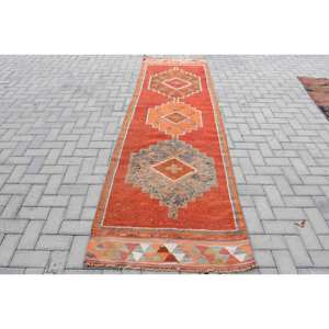 Alfombra de lana turca Vintage naranja y Beige, diseño de retales de tejido plano de 3x10,4 pies para decoración de sala de estar adolescente, respaldo de látex - Product Image 1