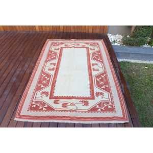 Tapis turc, tapis vintage 4,4x6,7 pieds, tapis persan en laine blanc et rouge - Product Image 1