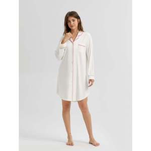 Camisón de Manga Larga para Mujer, de Bambú Suave, con Ribete Multicolor, Estilo Clásico, Tejido Suave para Primavera - Product Image 1