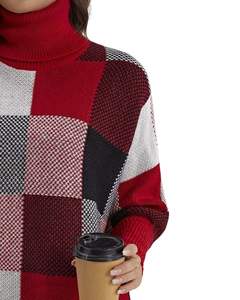 Women <b>Red</b> Black White Checkered Turtleneck Sweater Winter Knitted Pullover Long Sleeve Casual Fashion Top For Women Winter Wear - Product Image 2