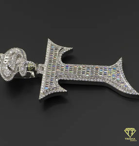 Baguette corte VVS Lab Grown Letter "T" colgante helado colgante personalizado alfabeto letra 925 plata esterlina Hip Hop colgante - Product Image 5