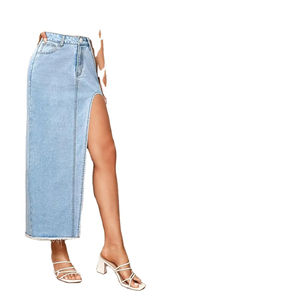 Jupe en jean délavée taille haute style streetwear avec fente latérale, boutonnée, ouverte, jupe crayon pour femmes - Product Image 2