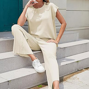 Otoño nuevo estilo color sólido cuello en V suelta casual Top suéter de mujer conjuntos de ropa hombres 2 piezas conjunto de ropa de verano para mujeres - Product Image 5