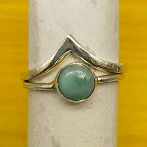 Larimar Bague empilable en argent sterling 925 Bague artisanale bohème minimaliste légère Cabochon perle diamant lumière - Product Image 1
