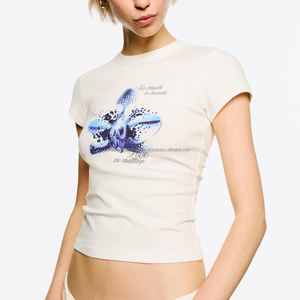 เสื้อยืดผ้าฝ้ายเปิดไหล่สำหรับผู้หญิงเสื้อยืดผ้าคอตตอนพิมพ์ลายโลโก้แบบเรียบ - Product Image 1