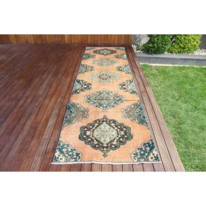Alfombra Turca Vintage de Lana Azul, 3,2x11,5 pies (99x349 cm) - Product Image 1