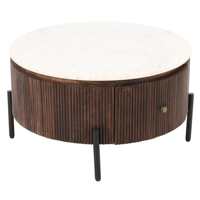 Table basse de salon moderne en bois de manguier massif européen, plateau cannelé brun, finition artisanale, plateau en marbre blanc, pieds en métal noir