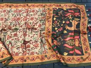 Hermosos saris estampados digitales Kalamkari de algodón con borde de contraste emparejados con blusa estampada estilo étnico - Product Image 4