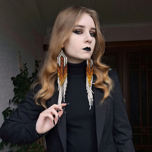 Boucles d'oreilles en perles, boucles d'oreilles très longues en or brun, boucles d'oreilles extra longues, boucles d'oreilles à franges, boucles d'oreilles boho, boucle d'oreille en perles de rocaille - Product Image 4