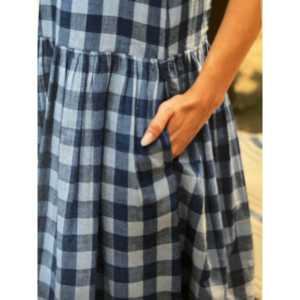 Vestido de Algodón Mala con Estampado a Cuadros Índigo, Cintura Elástica, Transpirable, Estilo Casual, Largo hasta la Rodilla, Talla Única, Vestidos de Moda ODM - Product Image 4