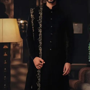 New Embroidery on Velvet <b>Black</b> Stole ,sherwani & <b>Pant</b> Dress with Embellished Crystal Glass Beads,glass Stone,dabka <b>Work</b>@2024 - Product Image 1