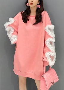 Oversized <b>Pink</b> Knitted 100% Cotton <b>Sweatshirt</b> Ruffle Heart Sleeves Plus Size Drop Shoulder O-Neck Long Sleeve Solid Color Winter - Product Image 4