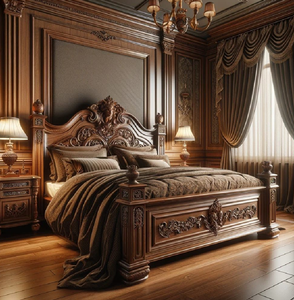 Cama exótica de madera maciza con paneles tallados a juego en toda la pared. Artesanía de primera calidad disponible a precios de mayoreo. - Product Image 2