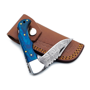 Handmade Damascus Steel Pocket <b>Knife</b> With Blue PakkaWood Handle Back Lock <b>Folding</b> <b>Knife</b> Leather Sheath Hunting Camping <b>Utility</b> - Product Image 2