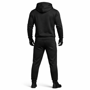Ensemble de survêtement personnalisé noir uni avec fermeture éclair, veste à capuche et pantalon de jogging en coton et polyester, OEM ODM, vêtements de sport unisexes - Product Image 2