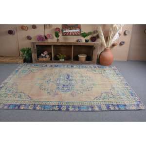 พรมตุรกีวินเทจขนแกะสีเบจสีฟ้า5.6 x 8.9ft แบนถักลายสำหรับตกแต่งห้องนั่งเล่นห้องโถงใช้น้ำยาง - Product Image 3