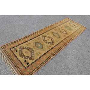 Turkish Vintage <b>Runner</b> Rug 3x9.4 ft, Brown <b>Green</b> Patchwork Wool Rug - Product Image 1