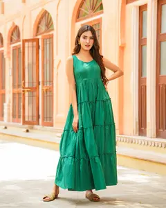 Nuevas características Vestido largo bohemio para mujer Tejido de algodón teñido liso de menta Maxi largo formal para mujer - Product Image 2