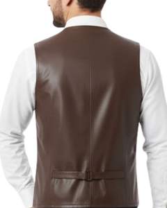 Men Classic Brown Genuine Leather Formal <b>Vest</b> Sleeveless Button Front Waistcoat with V Neck Design - Product Image 5