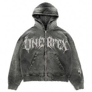 Dark <b>Grey</b> Washed <b>Zip</b> Up <b>Hoodie</b> Oversized Streetwear Graphic Fleece Sweatshirt Distressed Raw Hem Casual Unisex Jacket - Product Image 1