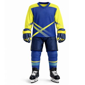 ชุดฮอกกี้น้ำแข็งสีน้ำเงินรอยัลและสีเหลือง - ออกแบบโลโก้ชุดกีฬาของคุณเอง เสื้อเจอร์ซีย์ลายเส้นไขว้เรขาคณิต - Product Image 1