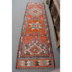 พรมสไตล์ตุรกีโบราณสไตล์ชนเผ่าสีส้มชมพู2.7 x 9ft แบบคลาสสิกการออกแบบการเย็บปะติดปะต่อกันด้วยผ้าขนสัตว์พื้นที่ขนาดใหญ่พร้อมยางรองสำหรับห้องโถง - Product Image 1
