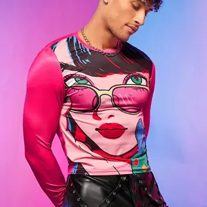 Camicia da uomo rosa a maniche lunghe da uomo con taglio rosa al Neon e collo Mock T-Shirt a maniche lunghe con stampa