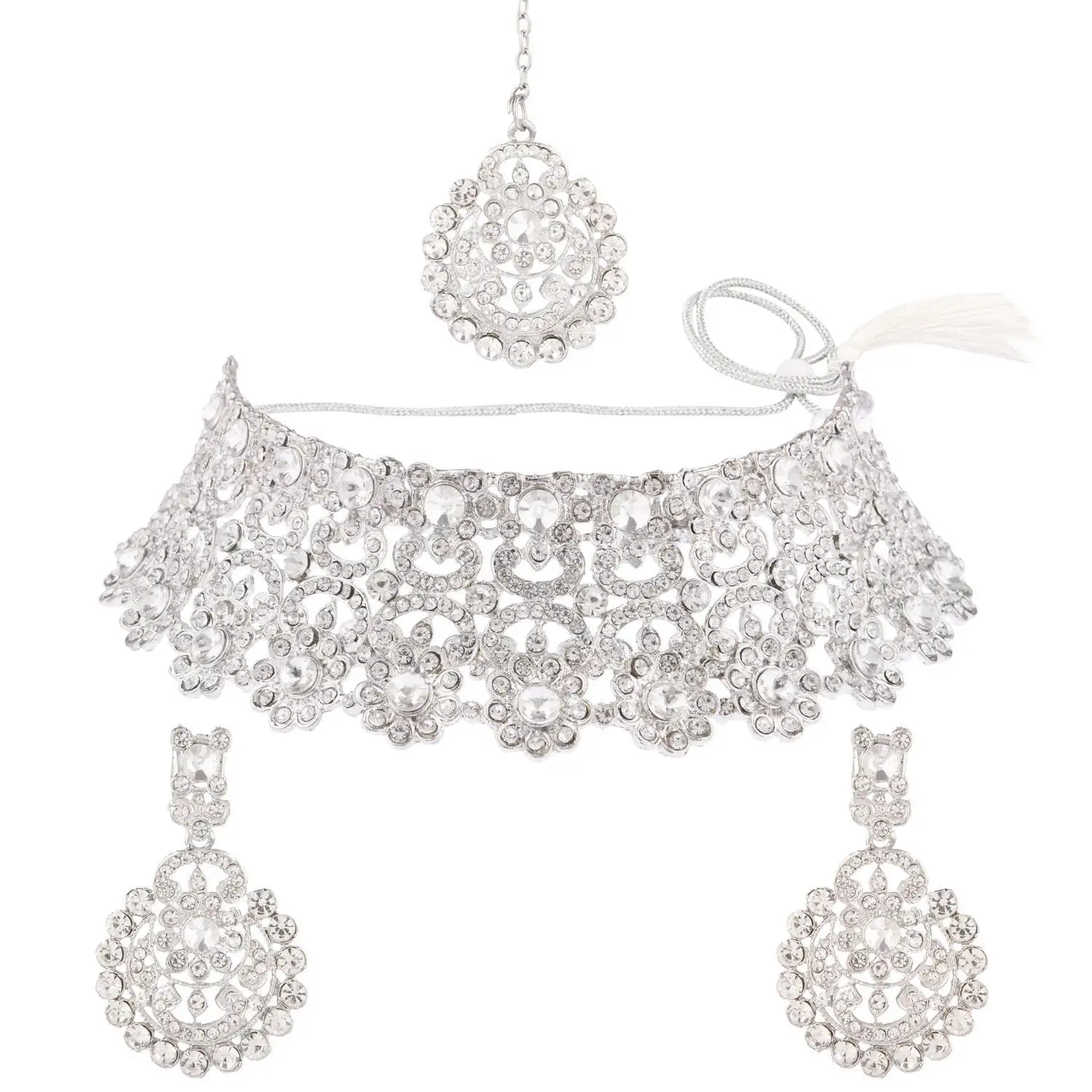 Perhiasan Indian untuk Wanita Perak Kristal Choker Kalung Perhiasan Set Grosir Manufaktur
