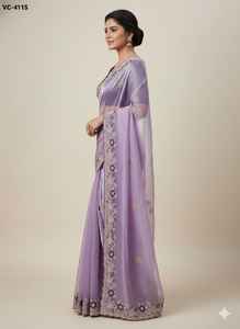 Nuevo Sari de Diseño Premium Jimi Cho de Chifón con Bordado en el Pallu y Trabajo de Hilos Múltiples con Blusa de Satén Banglory - Product Image 6